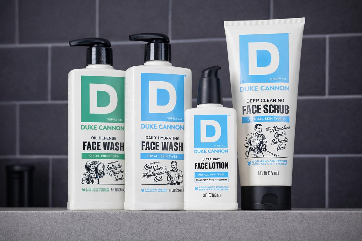Duke Cannon Oil Defense Face Wash foam on skin delivering deep clean without drying.
