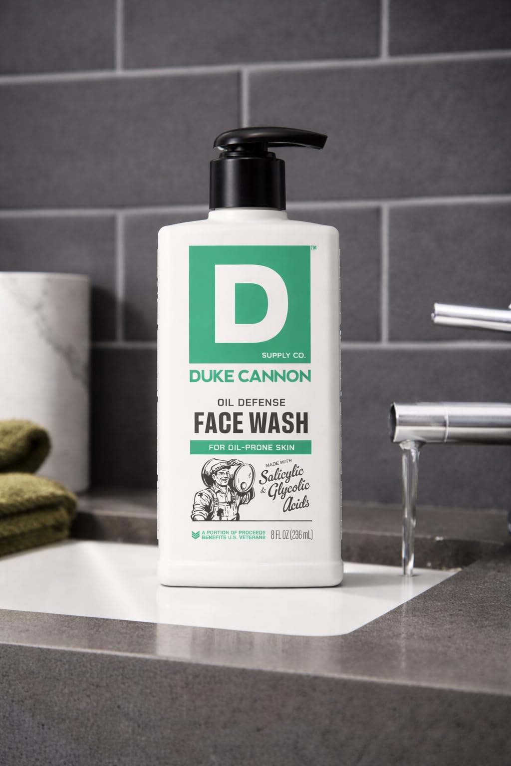 Duke Cannon Oil Defense Face Wash routine keeps oily skin balanced after cleansing.