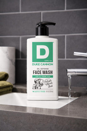Duke Cannon Oil Defense Face Wash routine keeps oily skin balanced after cleansing.