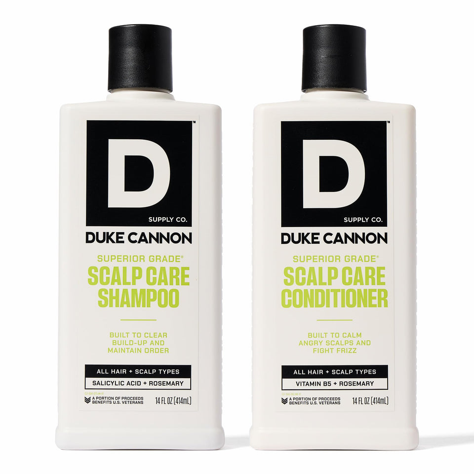 Duke Cannon shampoo bottle front view for deep cleansing.