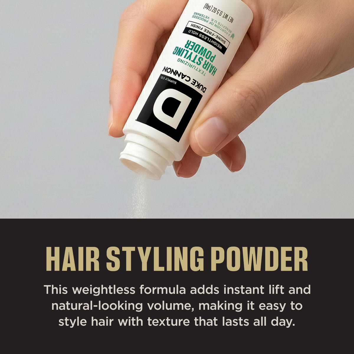 Duke Cannon Styling Powder being applied to roots for natural lift.