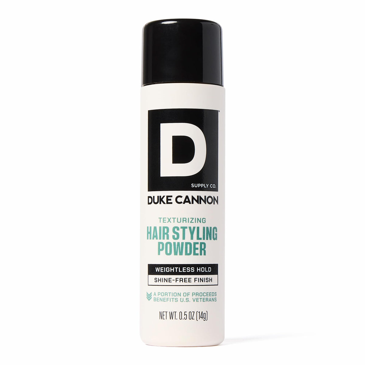 Duke Cannon Styling Powder bottle front view highlights compact, travel-friendly packaging.