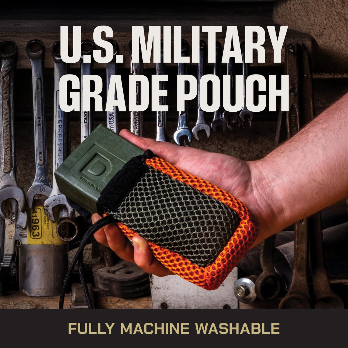 Duke Cannon Tactical Scrubber soft mesh close-up for gentle cleaning on delicate areas.