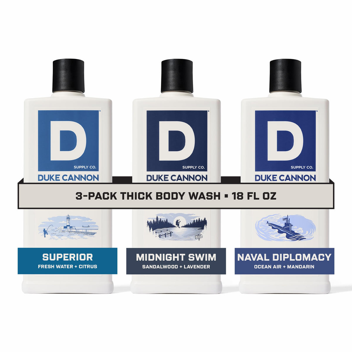 Duke Cannon THICK IN A BOX packaging emphasizes convenient three-pack for travel