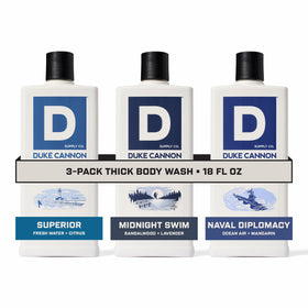 Duke Cannon THICK IN A BOX packaging emphasizes convenient three-pack for travel