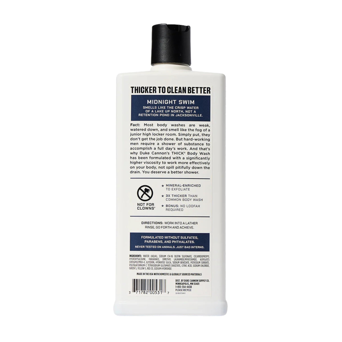 Duke Cannon THICK Midnight Swim bottle delivering crisp scent for an energizing shower