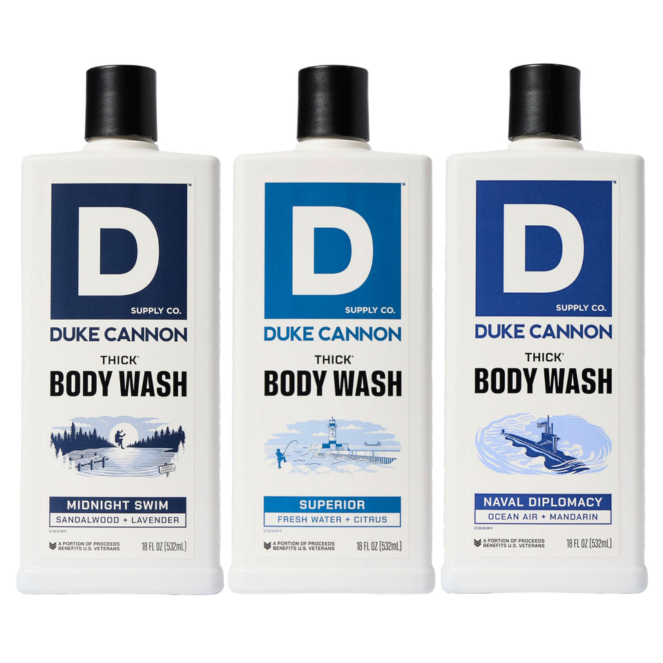 Duke Cannon THICK Naval Diplomacy bottle with robust lather for a clean start