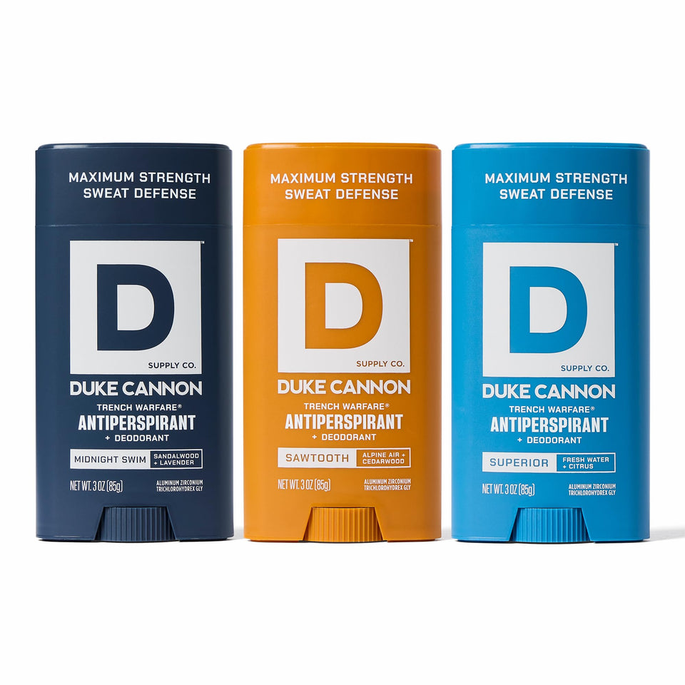 Duke Cannon Trench Warfare Midnight Swim bottle showing all-day protection