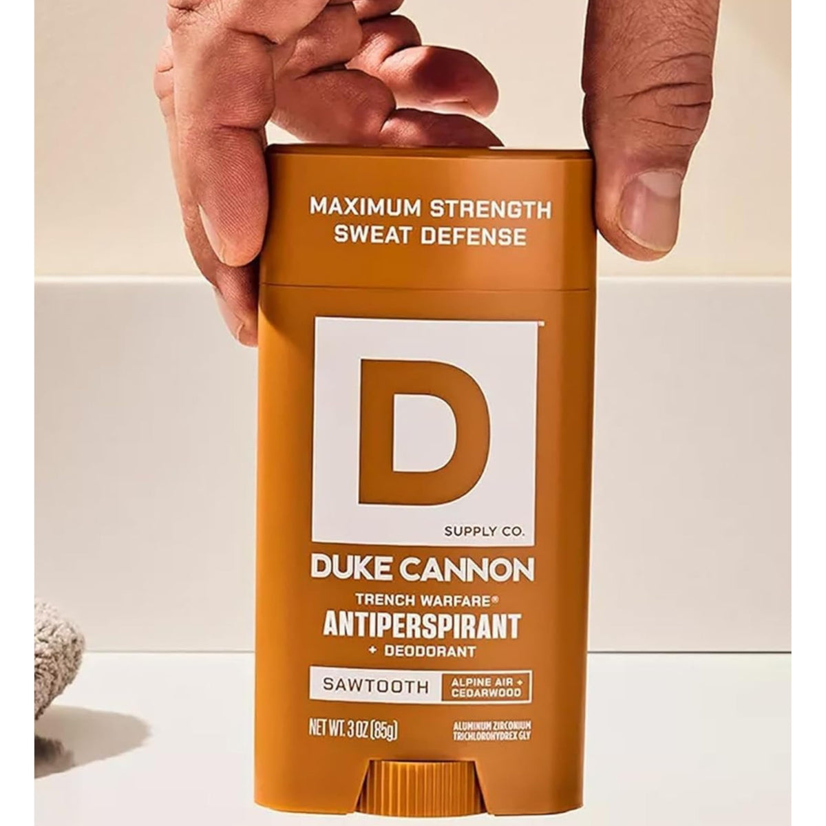 Application of Duke Cannon Trench Warfare antiperspirant on skin