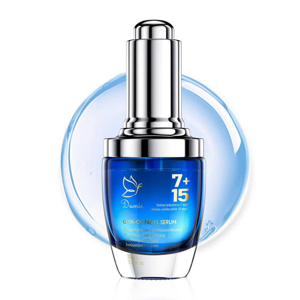 Dumie copper peptide serum bottle highlighting potential anti-aging benefits.