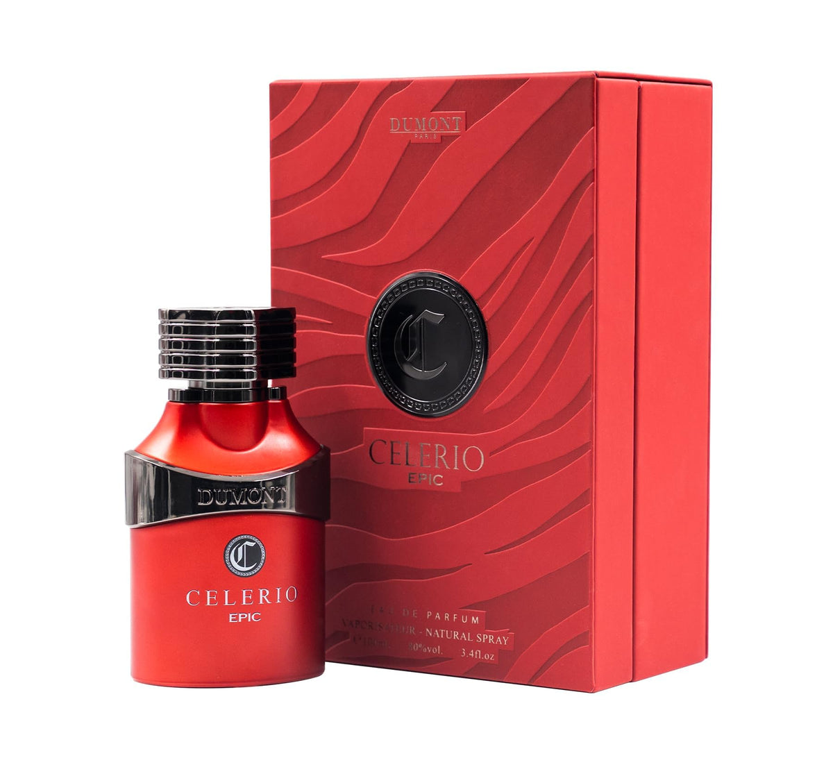 Dumont Celerio Epic bottle in bold red glass signaling long-lasting energy.