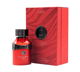 Dumont Celerio Epic bottle in bold red glass signaling long-lasting energy.