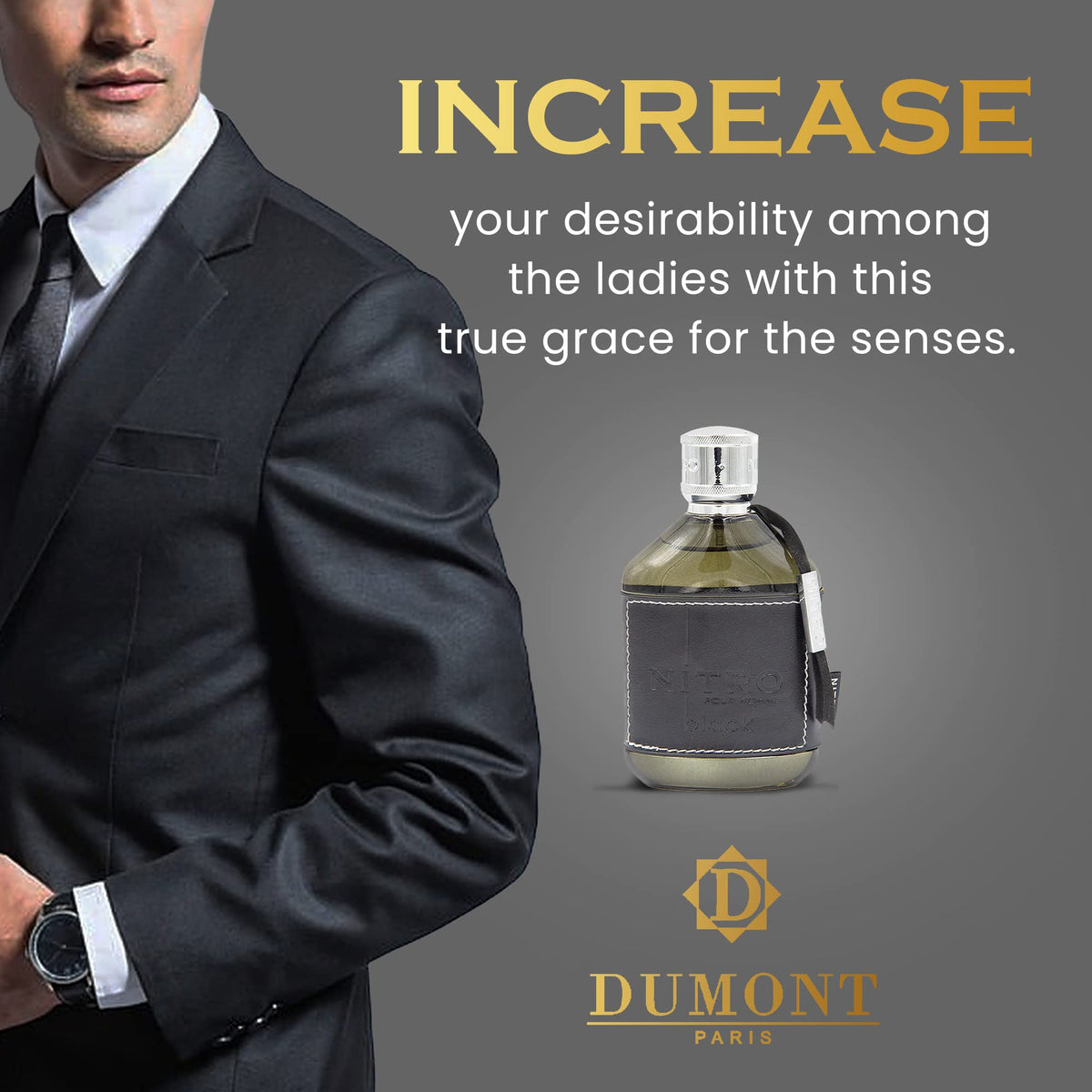 Dumont Nitro Black displays amber and musk base for lasting presence