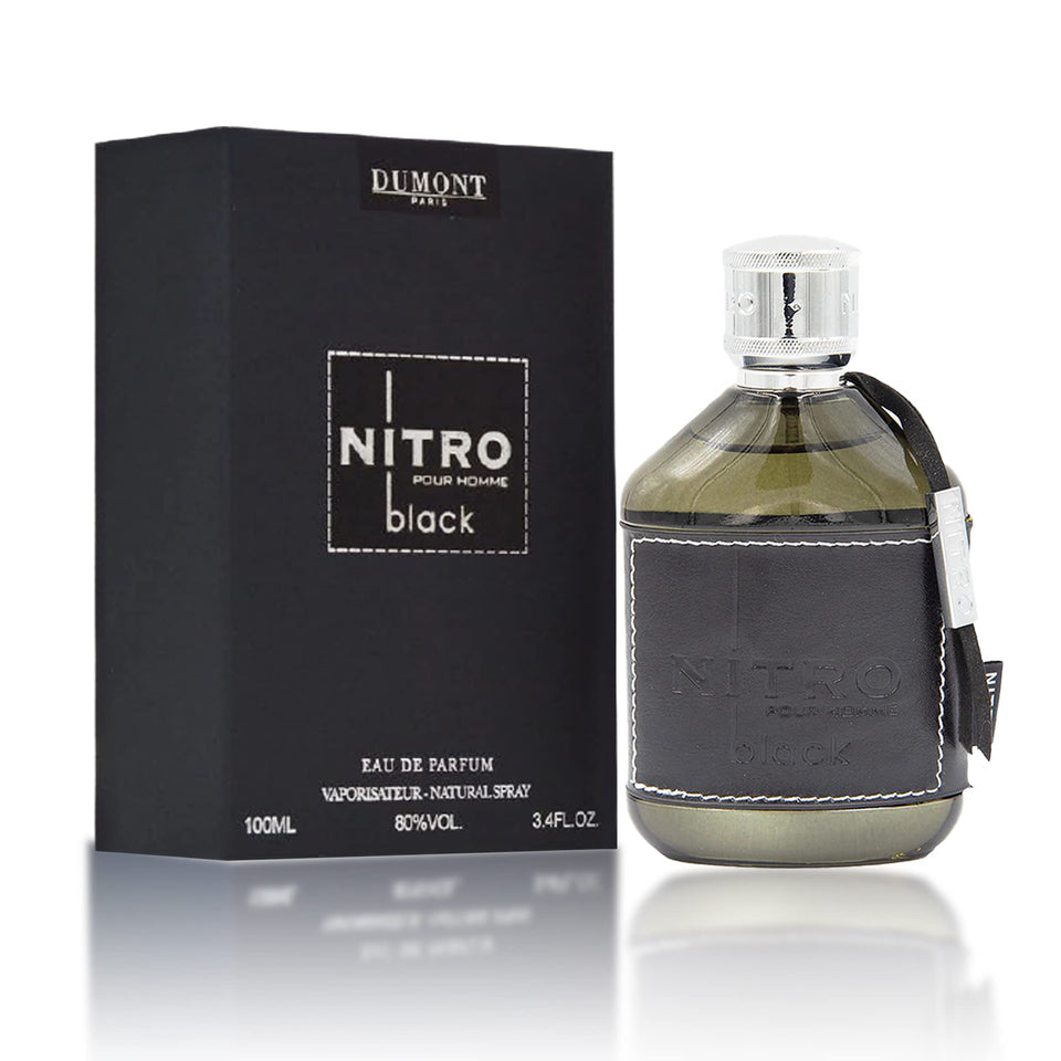 Dumont Nitro Black bottle close-up highlights premium design for evenings