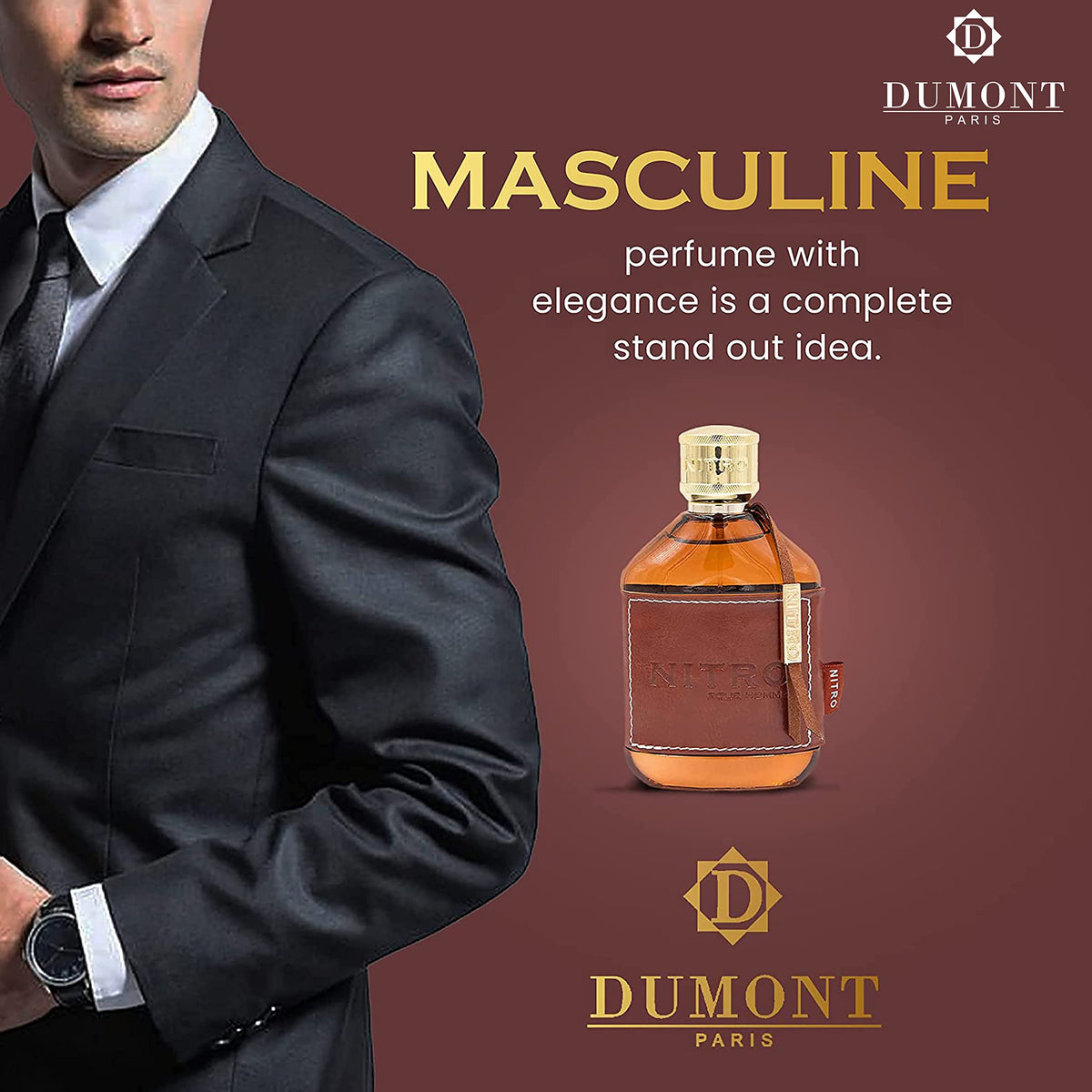 Dumont Nitro Pour Homme fragrance swatch sample highlighting color hints and mood