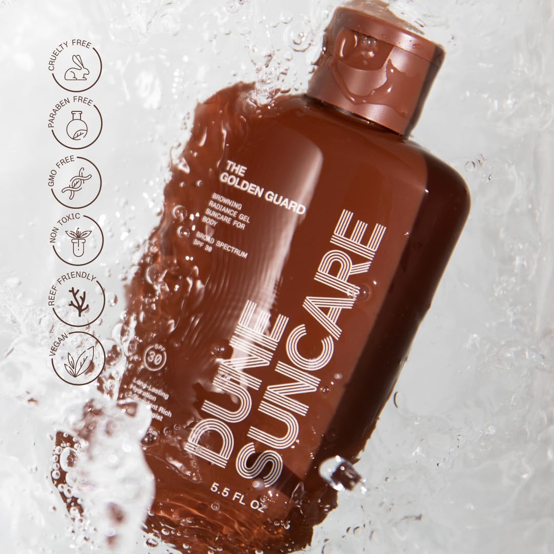 DUNE Suncare Golden Guard hydration swatch emphasizing intense moisture.