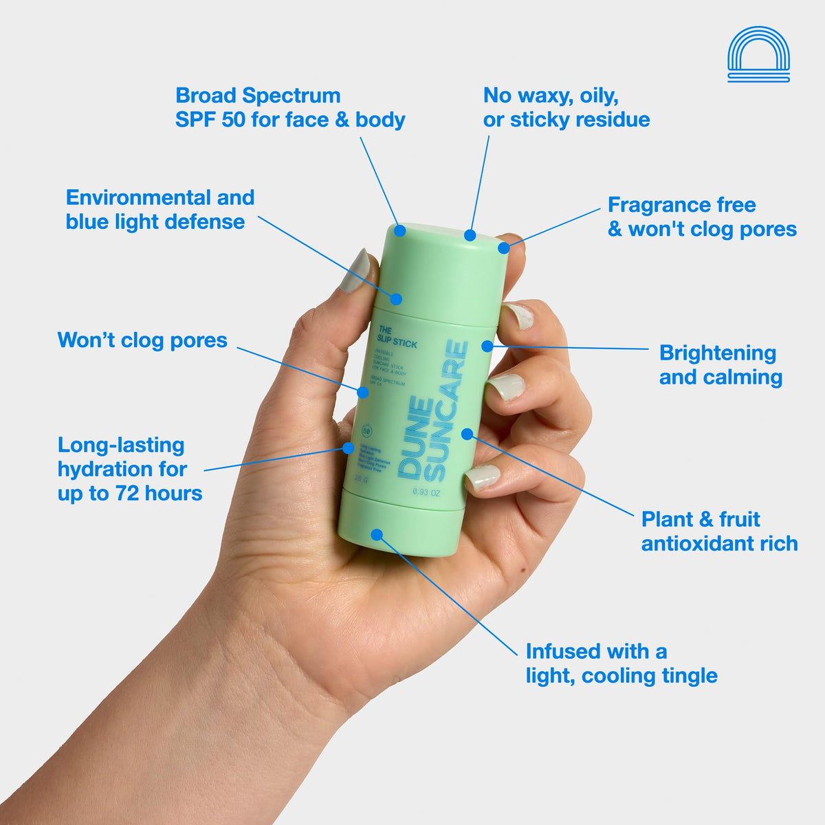 DUNE SUNCARE Slip Stick blue light protection from daily exposure.