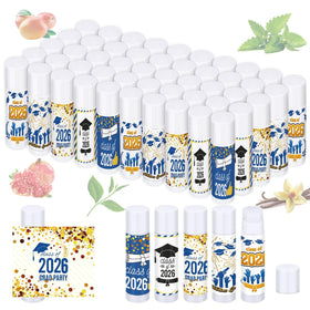 Dunzy graduation lip balm bulk packaging with labeled tubes for easy distribution.