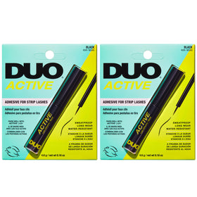 DUO Active Black Eyelash Glue bottle shows long-wear waterproof hold for busy days