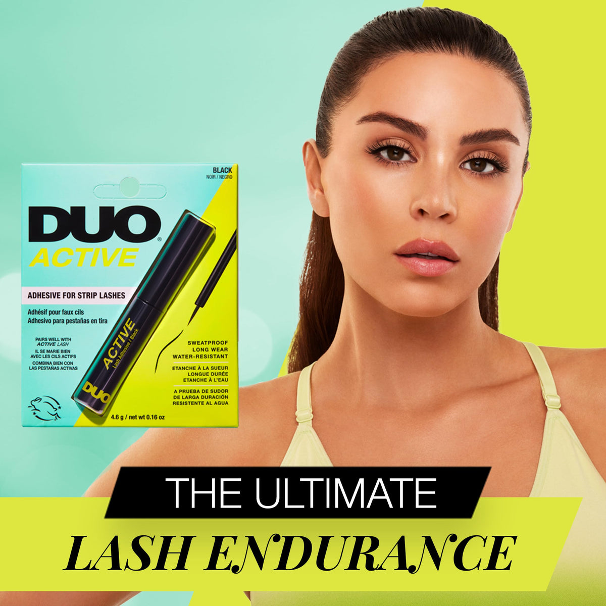 DUO Active Black Eyelash Glue tube cap highlights compact 2-pack for travel