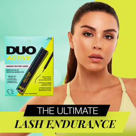 DUO Active Black Eyelash Glue tube cap highlights compact 2-pack for travel