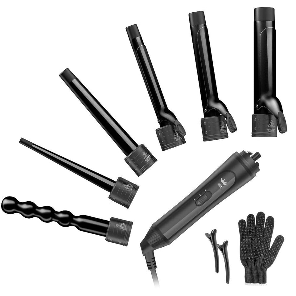 Duomishu 6in1 curling iron with interchangeable barrels for versatile styling.