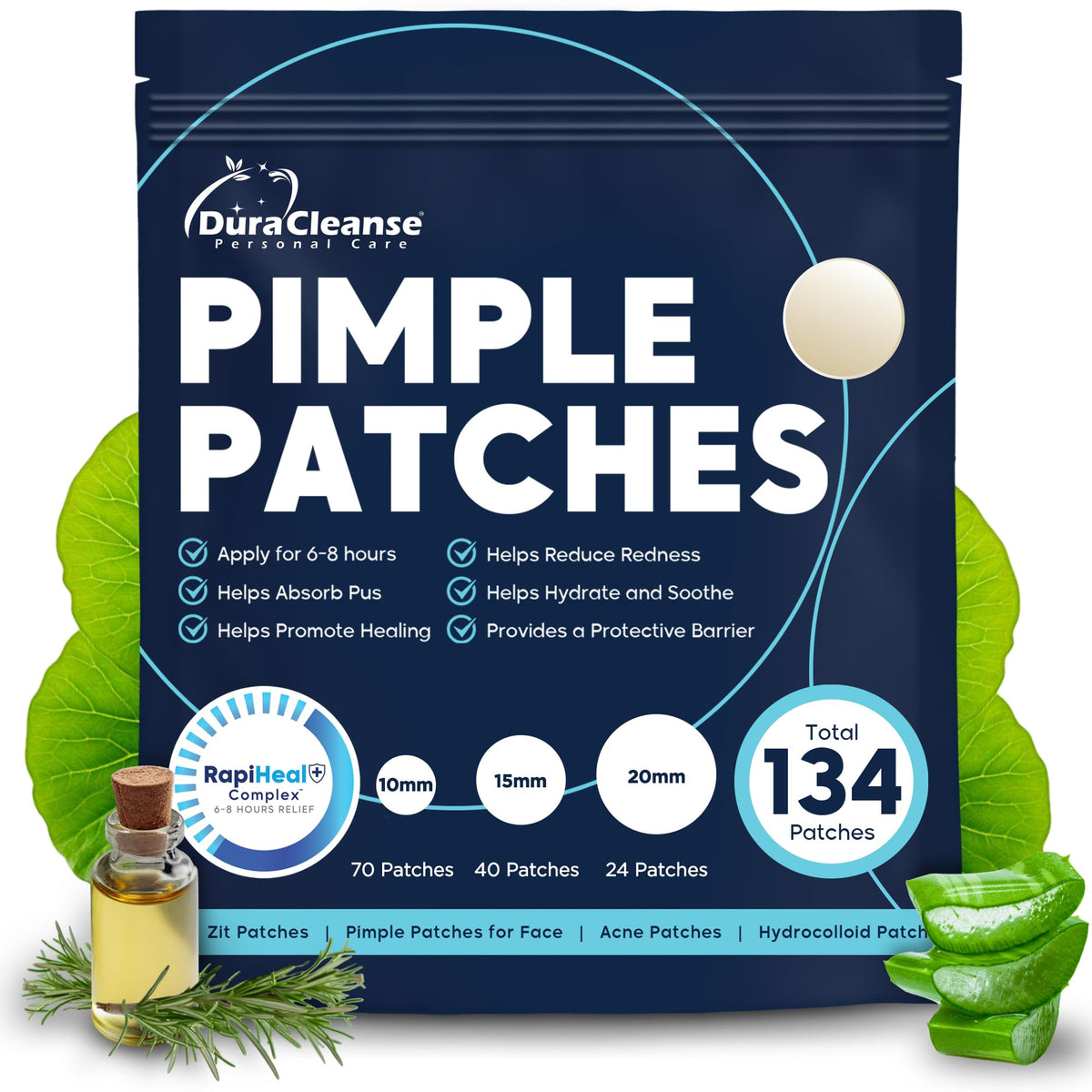 Dura Cleanse packaging box displaying 134-count pimple patches for versatile acne care.