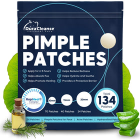 Dura Cleanse packaging box displaying 134-count pimple patches for versatile acne care.