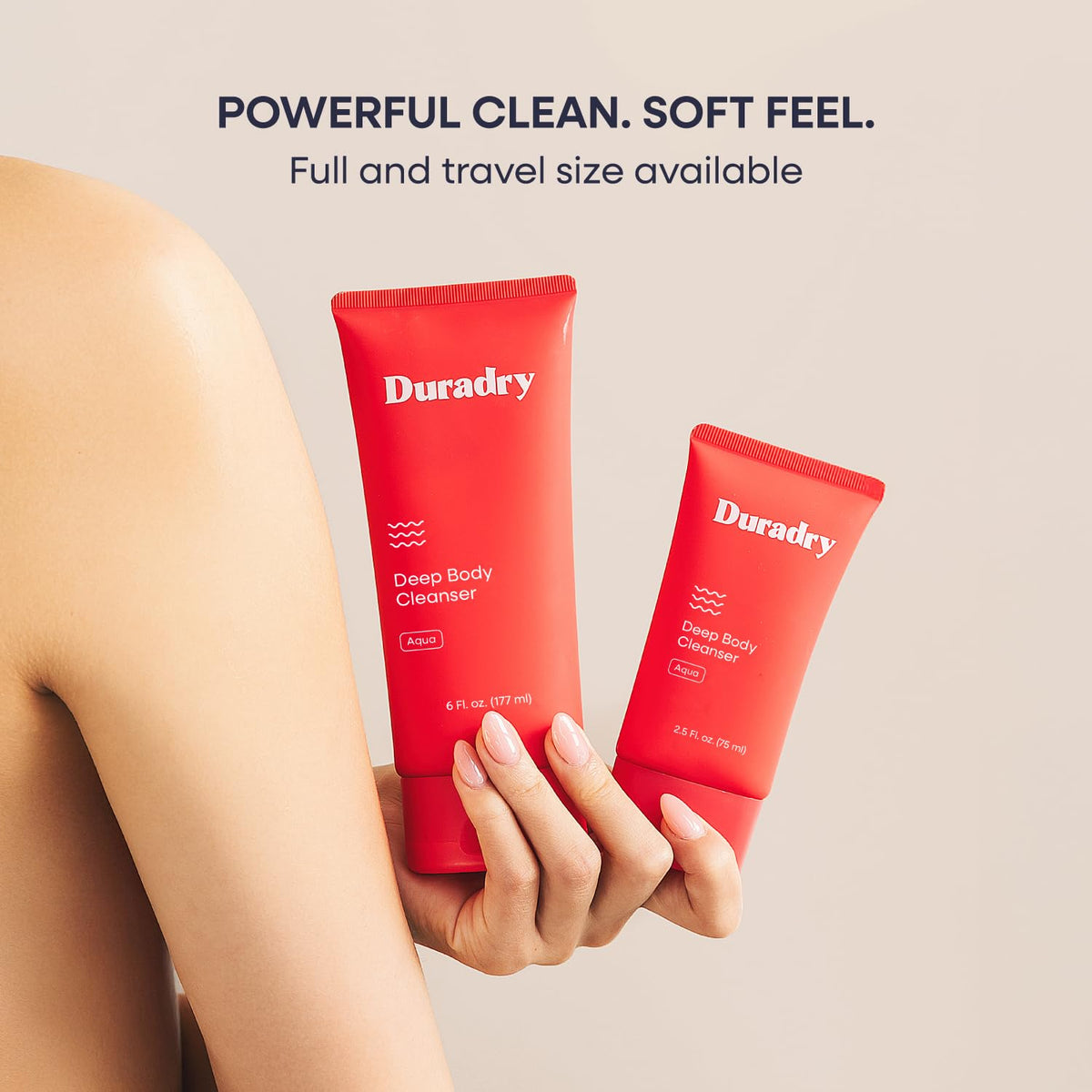 Duradry aqua fragrance bottle on bathroom counter conveys a fresh scent.
