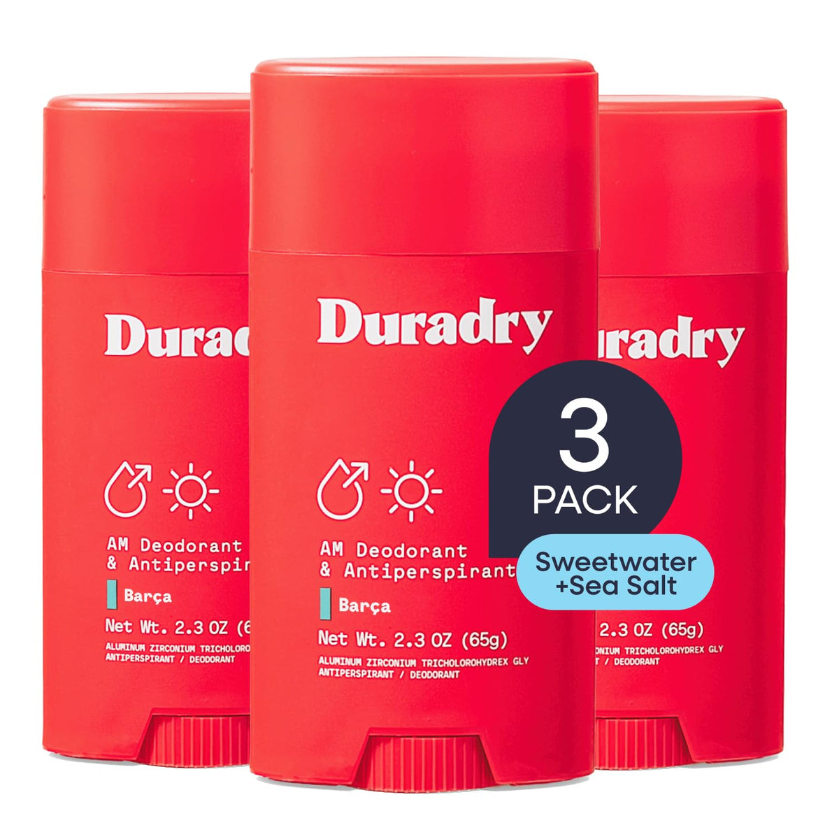 Duradry Barca bottle front showing all-day protection and fresh scent.