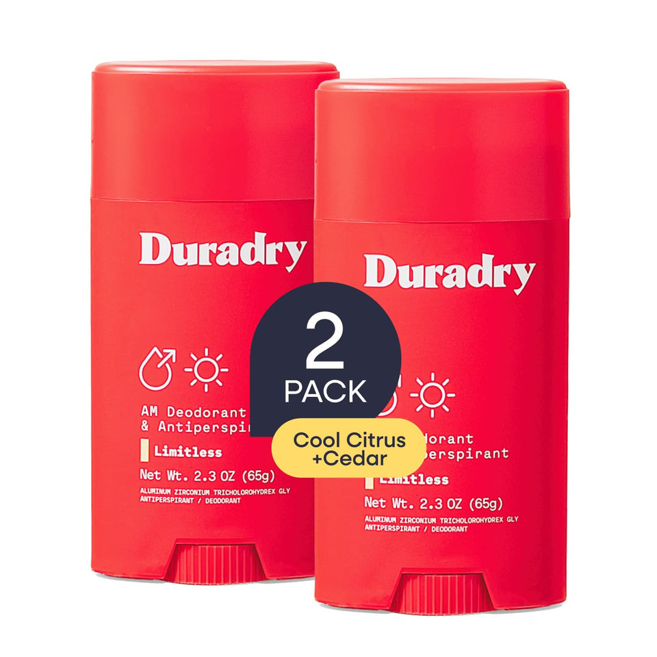 Duradry bottle-pour showing cool citrus cedar scent for all-day freshness