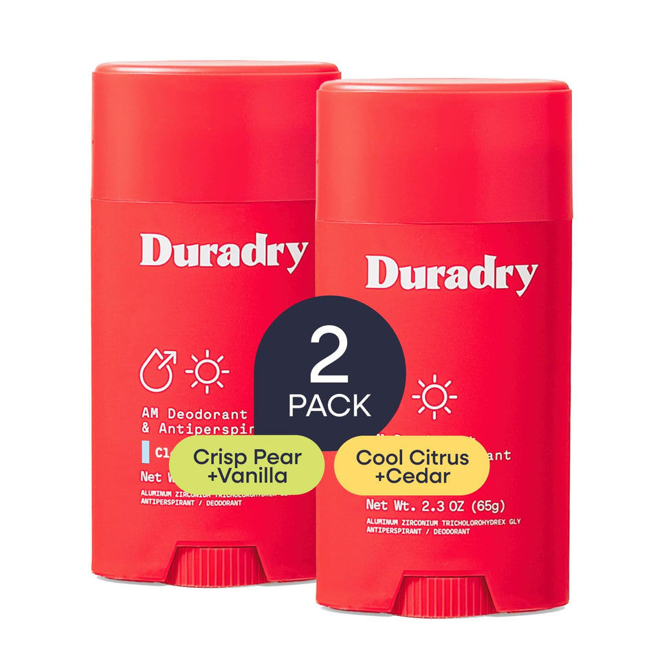 Duradry clinical-strength stick shown for all-day protection during daily wear.