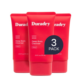 Duradry deodorizing body wash bottle front highlights all-day odor protection.