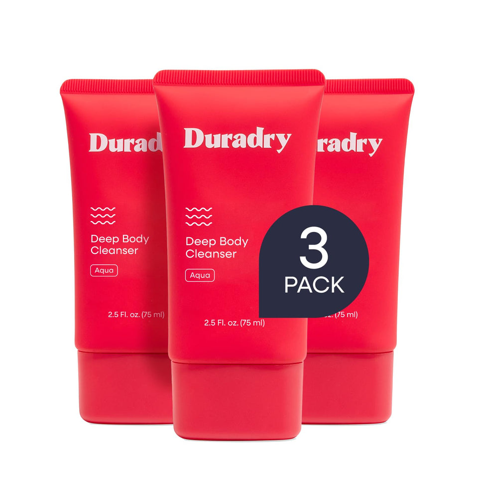 Duradry deodorizing body wash bottle front highlights all-day odor protection.
