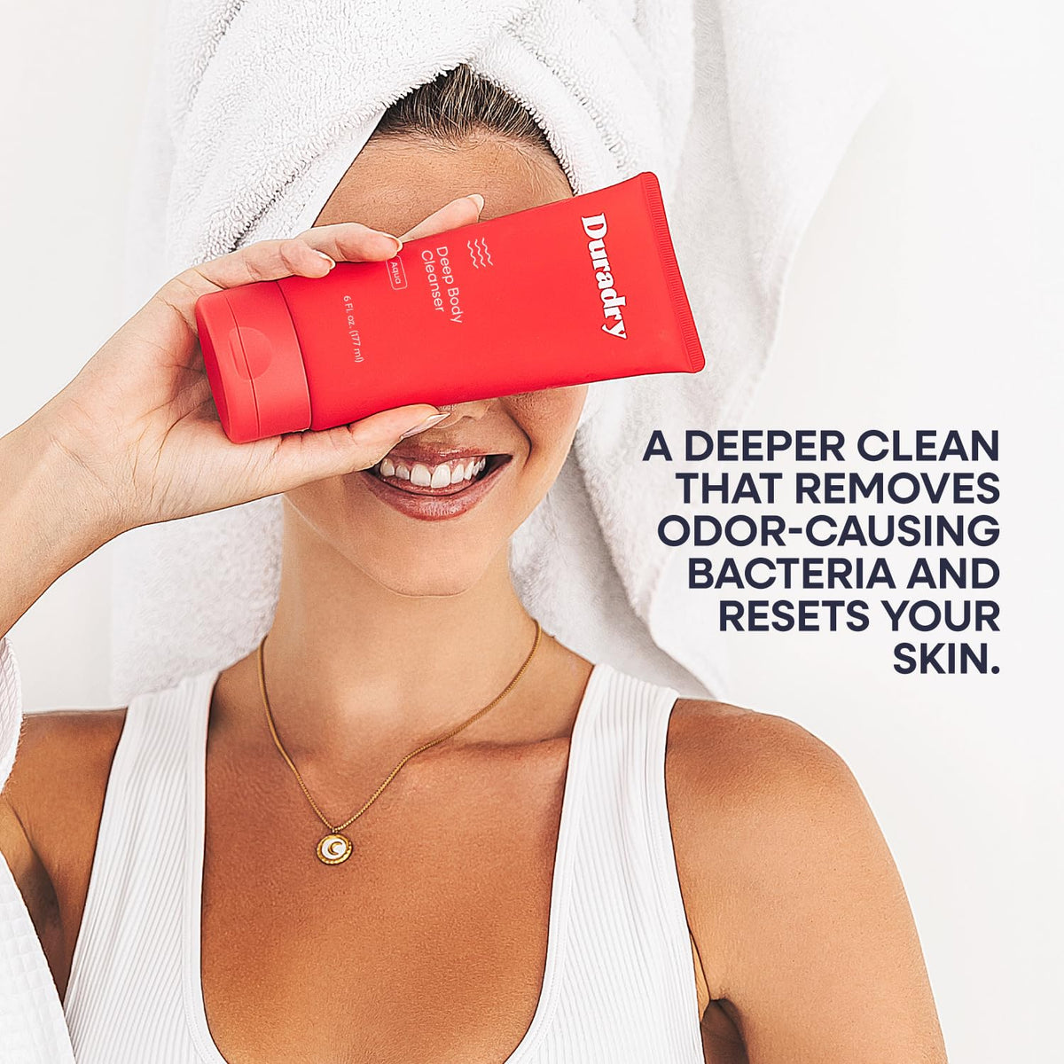 Duradry deodorizing body wash with olive oil promotes hydrated skin shine.