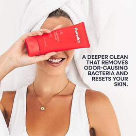 Duradry deodorizing body wash with olive oil promotes hydrated skin shine.