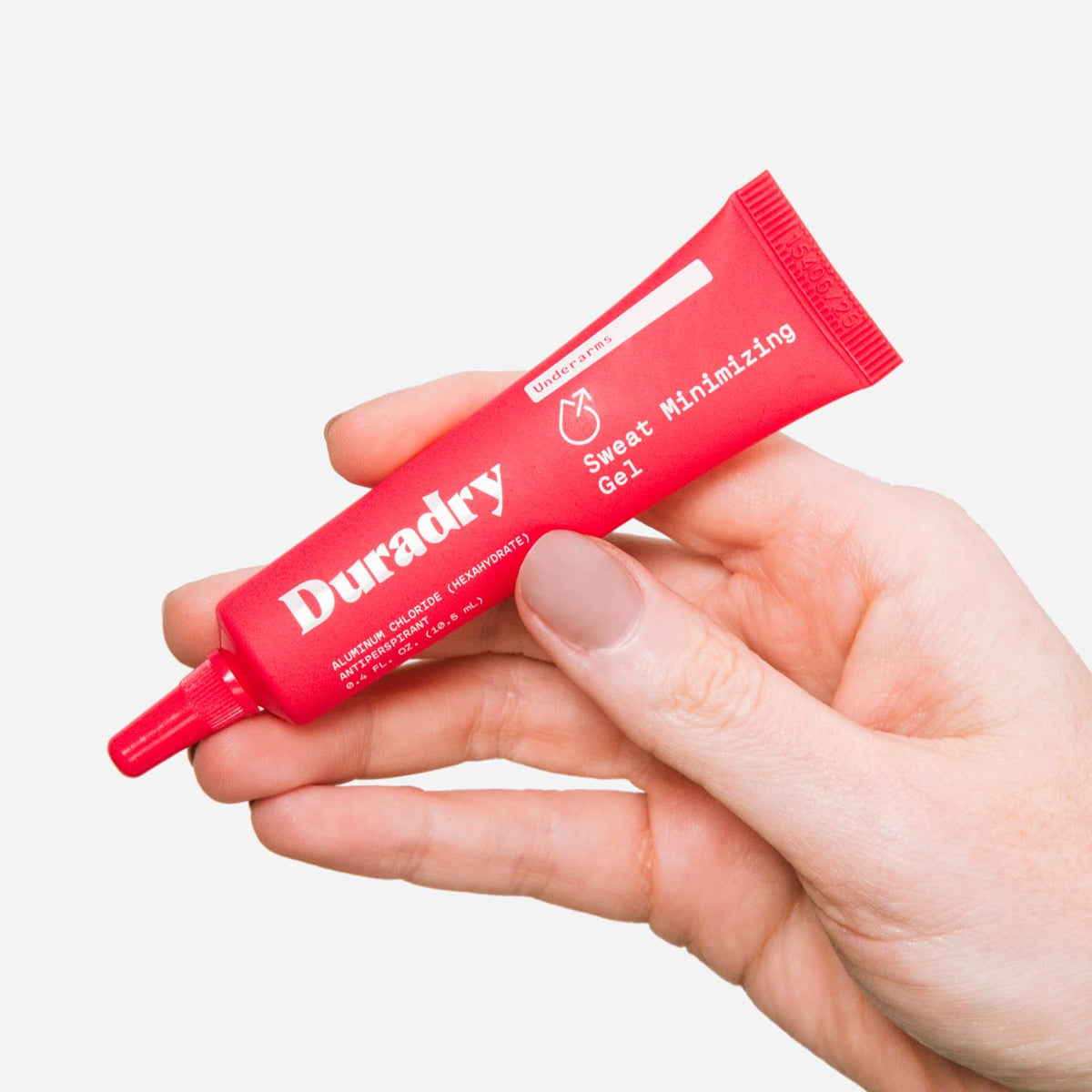 Duradry gel tube close-up showing compact, travel-friendly packaging for discreet use.