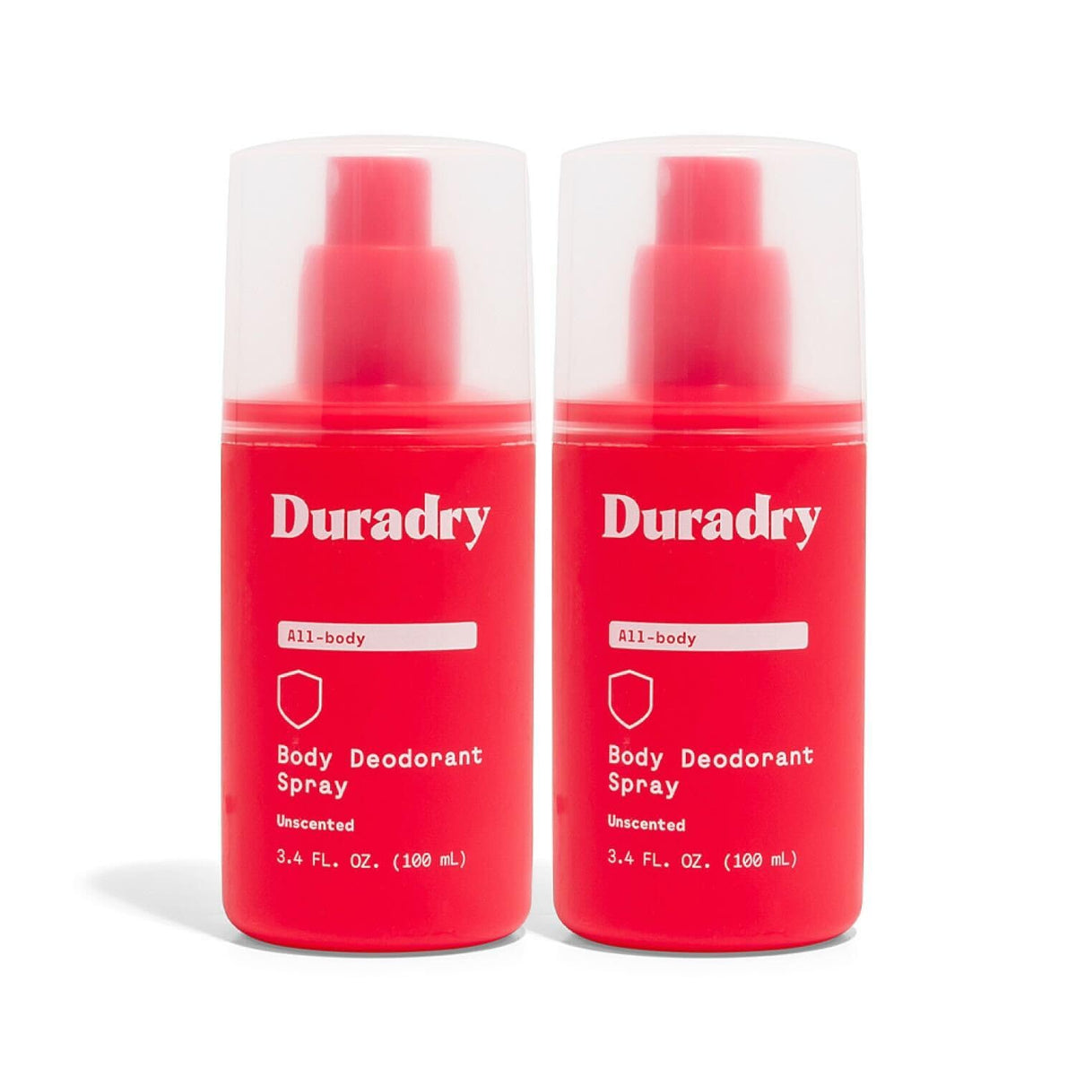 Duradry unscented deodorant spray shown for whole-body application with all-day odor control.