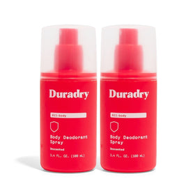 Duradry unscented deodorant spray shown for whole-body application with all-day odor control.