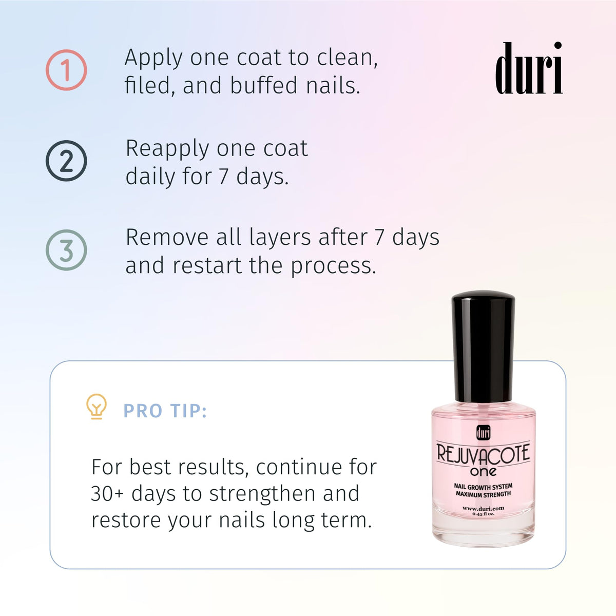 duri Rejuvacote 1 close-up bottle demonstrates flexible finish for nails