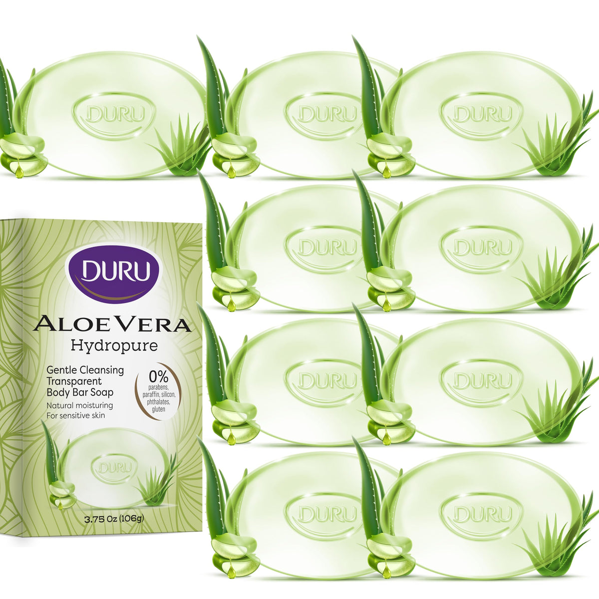 Duru Aloe Vera Glycerin Bar Soap 9-pack, smooth and moisturizing for sensitive skin.