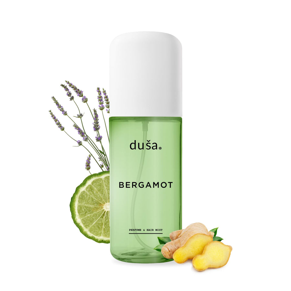 DUSA Bergamot Hair Perfume bottle; long-lasting scent for hair and skin.