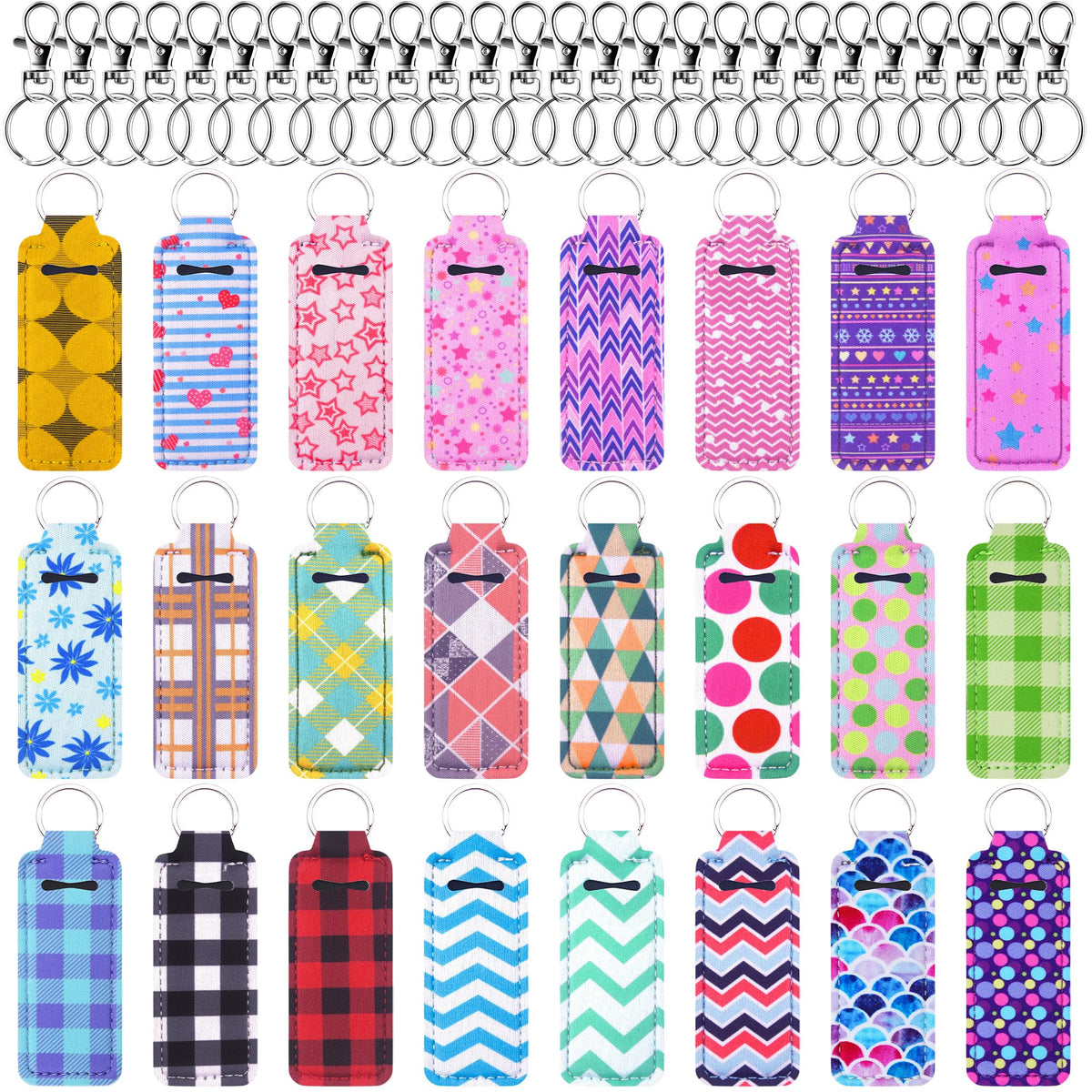 Duufin 24-piece chapstick holder keychain set with colorful patterns for on-the-go lip balm access.