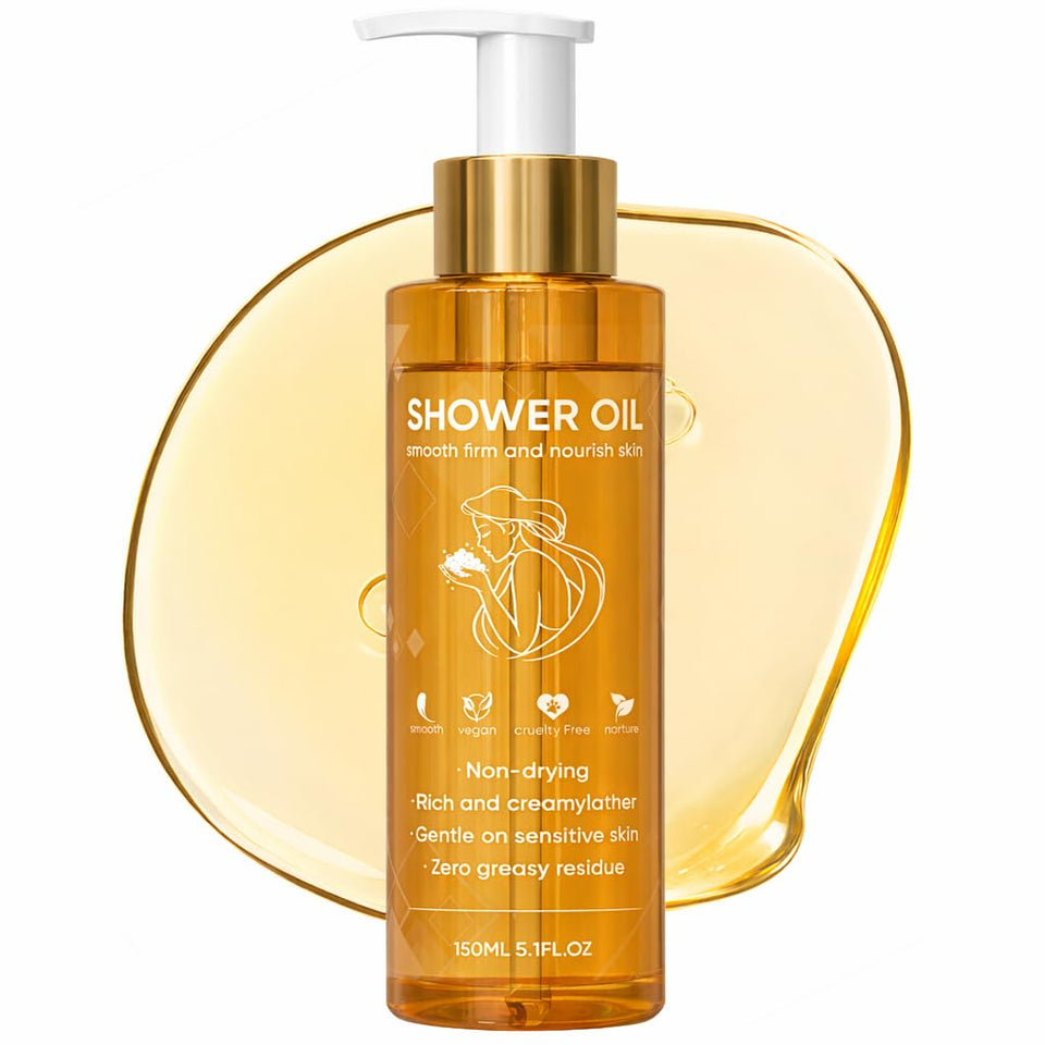 DXWXH Shower Oil bottle pour demonstrates easy dispensing for a gentle, skin-soothing cleanse.