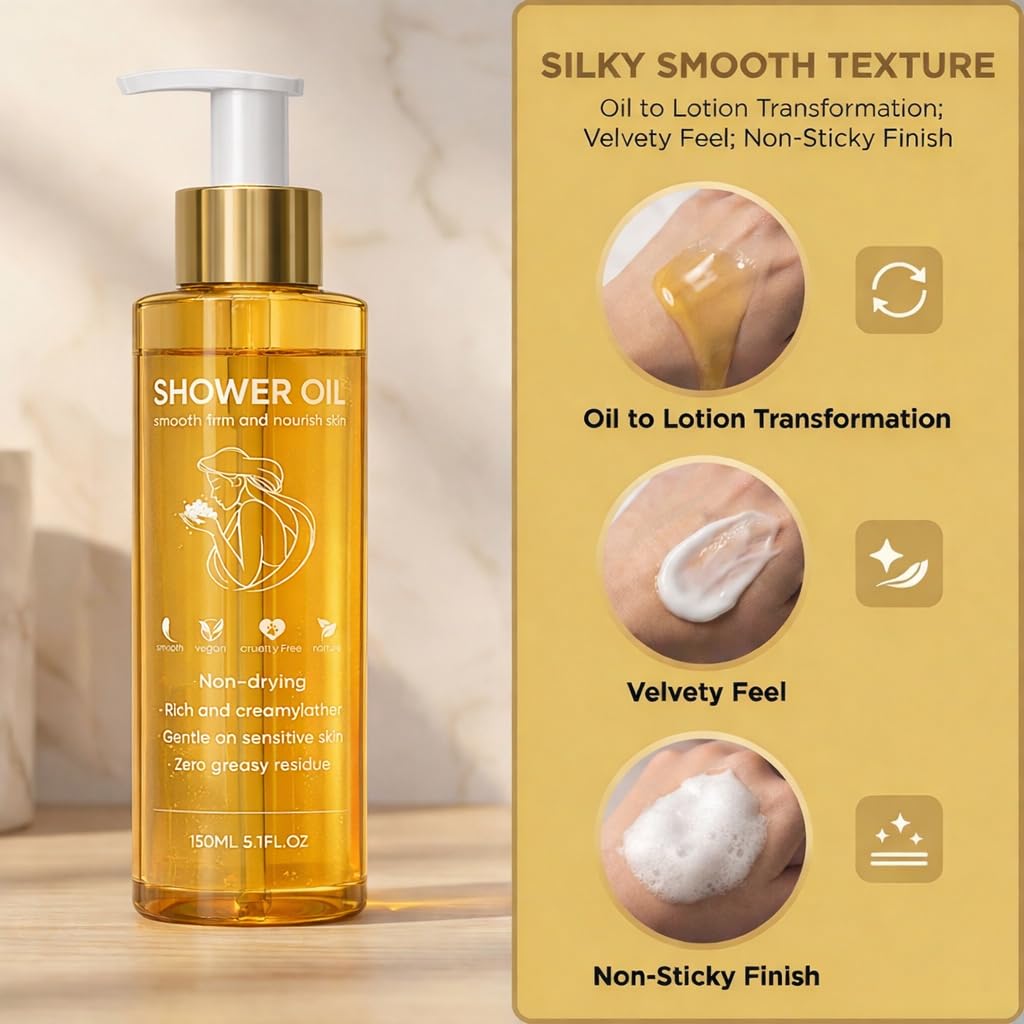 DXWXH Shower Oil ingredients include cold-pressed almond and lavender for nourishing care.