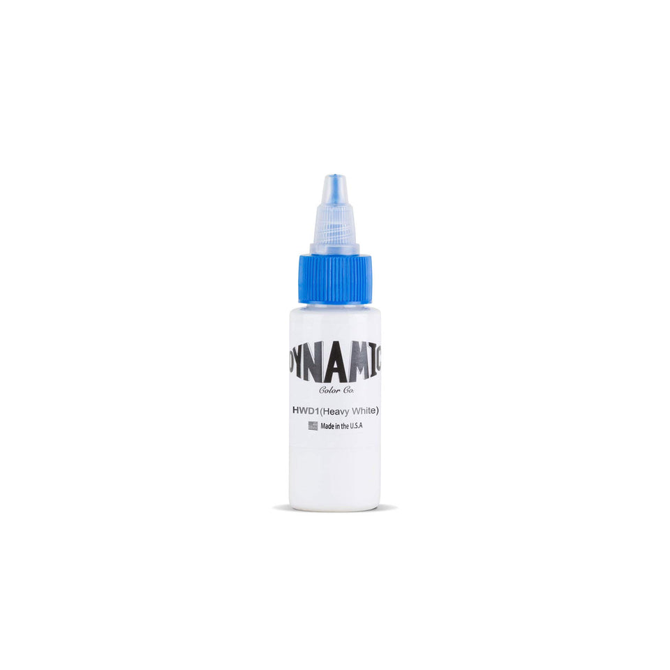 Dynamic Color Co Heavy White tattoo ink in 1oz bottle for crisp linework.