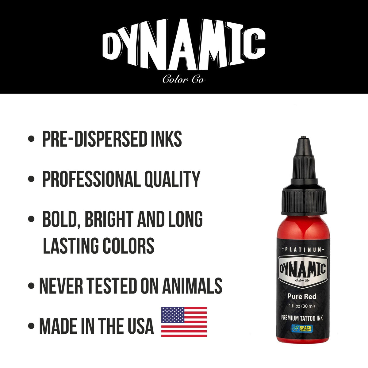 Dynamic Color Co Platinum Red ink packaging shows vegan formula and eco-conscious design.