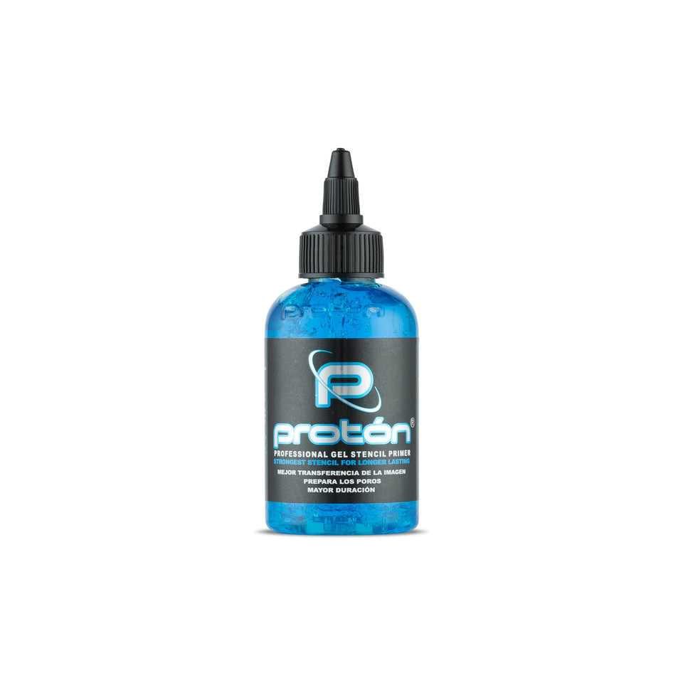Dynamic Color Co Proton Stencil Primer Gel blue bottle pour boosts stencil transfer visibility.