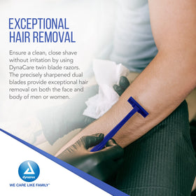 Close-up of Dynarex DynaCare twin blade razor with two blades