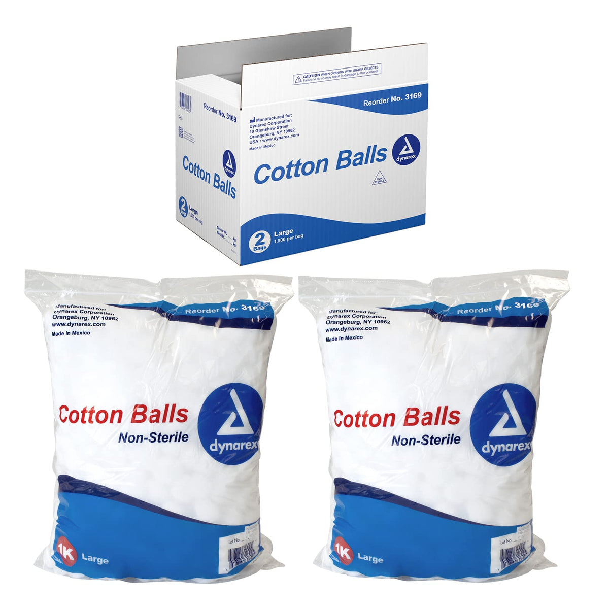 Dynarex large cotton ball pack of two, 1,000 count, bulk use.